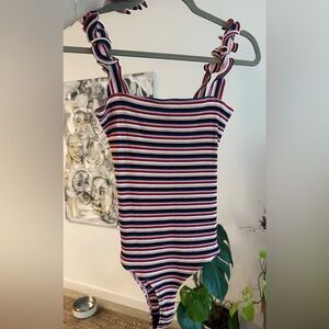 REFORMATION Striped Body Suit Ruffle Detail